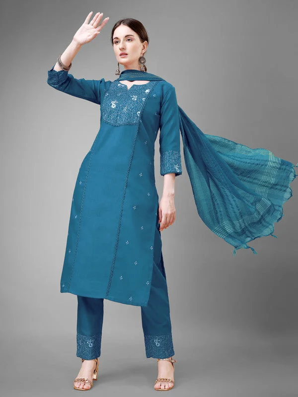 NOZ2TOZ Women Embroidered Cotton Blend Kurta Pant Dupatta Set - Blue Modern Stretch Trousers