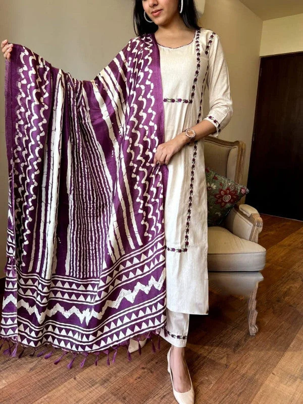 NOZ2TOZ Womens Purple Pure Cotton Embroidery Kurta Pant Set With Dupatta Casual Sweatpants Style NOZ2TOZ Womens Purple Pure Cotton Embroidery Kurta Pant Set With Dupatta Casual Sweatpants Style