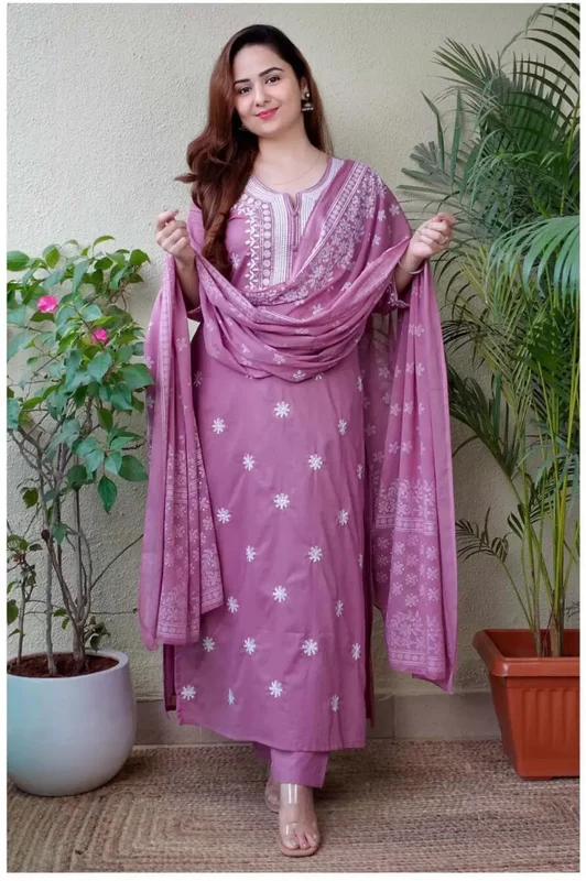 NOZ2TOZ Women's Viscose Floral Embroidered Straight Kurta Pant With Dupatta - Purple Warm Wool Trousers NOZ2TOZ Women's Viscose Floral Embroidered Straight Kurta Pant With Dupatta - Purple Warm Wool Trousers