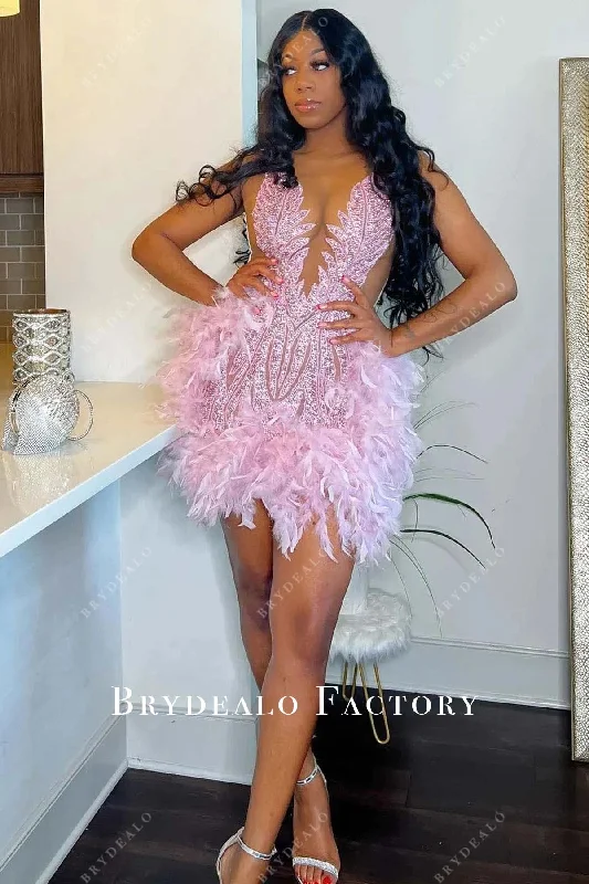 Pink Shimmer Feathered Sleeveless Bodycon Mini Dress Comfortable Polka Dot Mini Dress