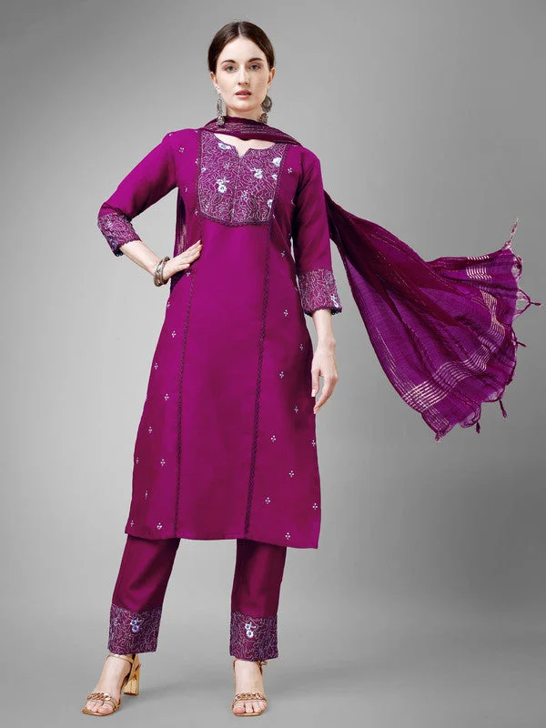 NOZ2TOZ Women Embroidered Cotton Blend Kurta Pant Dupatta Set - Purple Stylish Paperbag Waist Pants NOZ2TOZ Women Embroidered Cotton Blend Kurta Pant Dupatta Set - Purple Stylish Paperbag Waist Pants