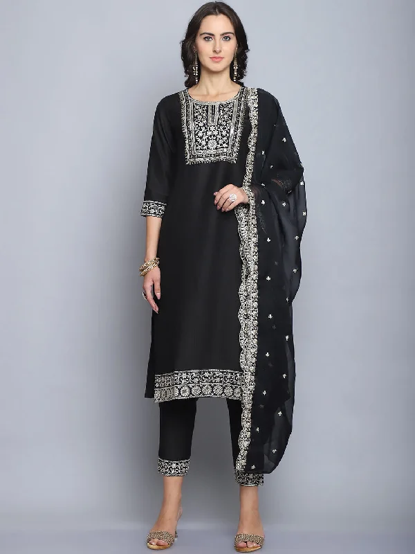 Indian Fashion Women Embroidery Straight Black Kurta And Pant set with Dupatta Soft Stretch Trousers Indian Fashion Women Embroidery Straight Black Kurta And Pant set with Dupatta Soft Stretch Trousers