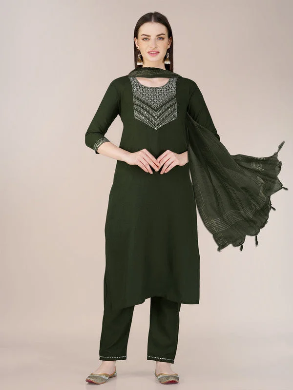 NOZ2TOZ Womens Embroidered Mehendi Cotton Blend Kurta Pant Set Comfy Zip-Up Pants