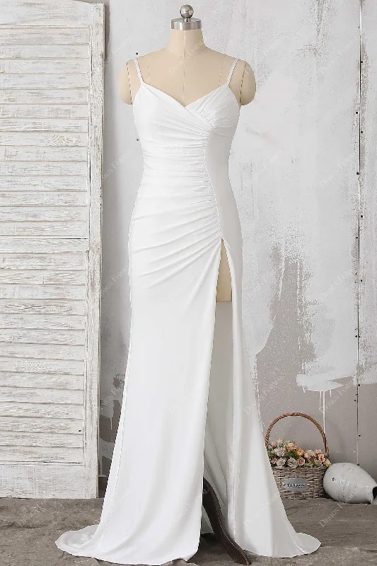 White Thin Straps Draped Jersey Sexy Slit Fit and Flare Dress Square Neckline Feminine White Thin Straps Draped Jersey Sexy Slit Fit and Flare Dress Square Neckline Feminine