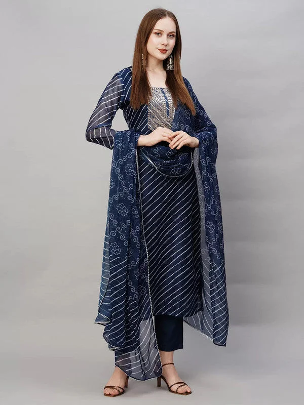 NOZ2TOZ Womens Navy Viscose Cotton Leheriya Printed & Embroidery Kurta Pant Set With Dupatta Soft Cotton Pants NOZ2TOZ Womens Navy Viscose Cotton Leheriya Printed & Embroidery Kurta Pant Set With Dupatta Soft Cotton Pants