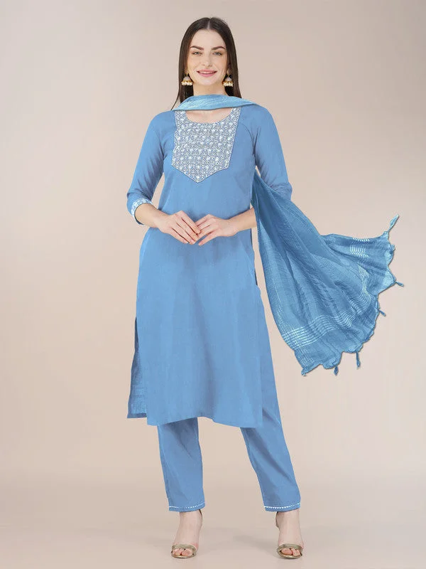 NOZ2TOZ Womens Embroidered Sky Blue Cotton Blend Kurta Pant Set Trendy Wide-Legged Trousers NOZ2TOZ Womens Embroidered Sky Blue Cotton Blend Kurta Pant Set Trendy Wide-Legged Trousers