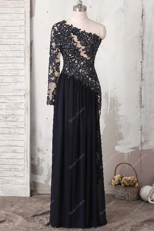 Fancy Black Beaded Lace Chiffon Unique One Sleeve A-line Prom Dress Tunics Review highly Fancy Black Beaded Lace Chiffon Unique One Sleeve A-line Prom Dress Tunics Review highly