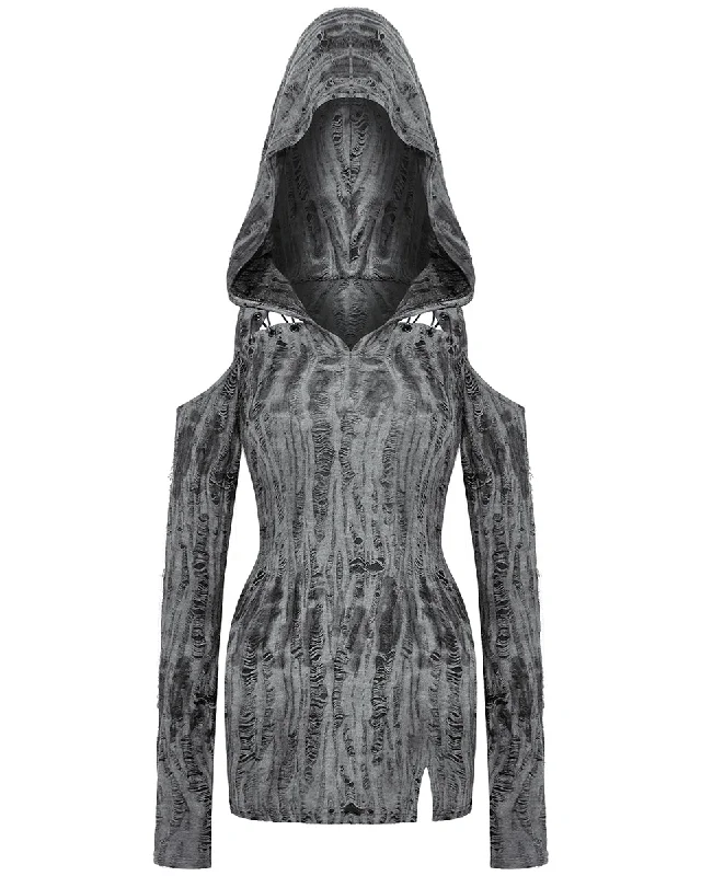 Dark In Love Womens Apocalyptic Punk Shredded Hooded Tunic Mini Dress - Black & Grey Fashionable Mini Dress with Pockets