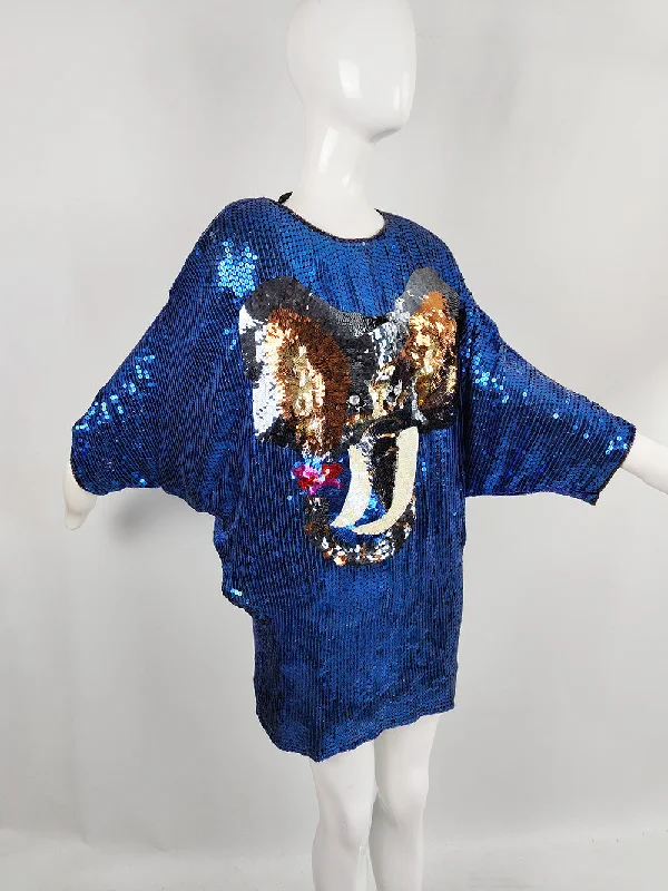 Vintage Blue Sequin Elephant Batwing Mini Dress/ Tunic Top, 1980s Fashionable A-Line Mini Dress Vintage Blue Sequin Elephant Batwing Mini Dress/ Tunic Top, 1980s Fashionable A-Line Mini Dress