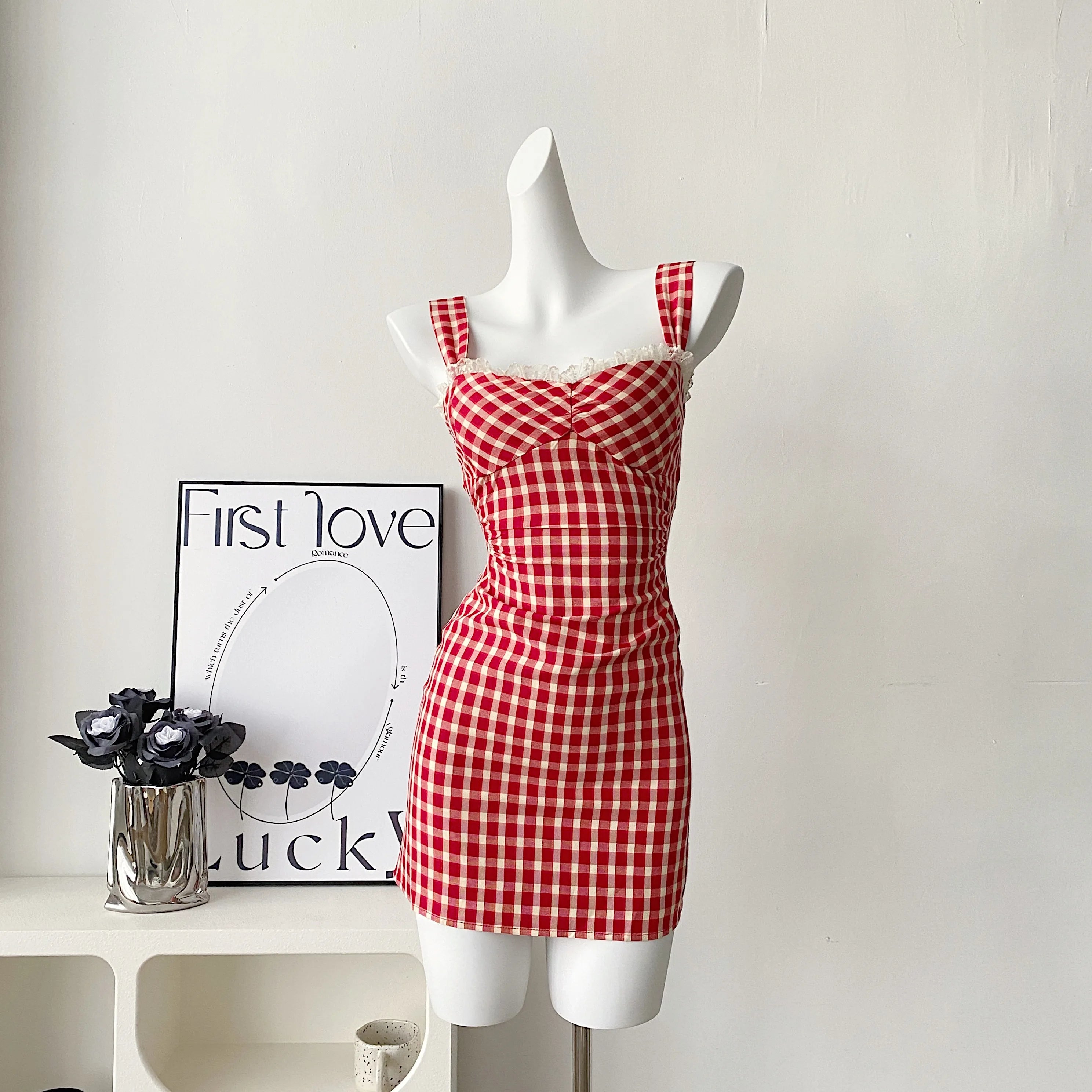 Wjczt Spicy Girl Sexy Lace Edge New Product Strawberry Cute Party High Street Sweet Plaid Red Plaid Y2K Sling Mini Dress Trendy Tulle Mini Dress Wjczt Spicy Girl Sexy Lace Edge New Product Strawberry Cute Party High Street Sweet Plaid Red Plaid Y2K Sling Mini Dress Trendy Tulle Mini Dress