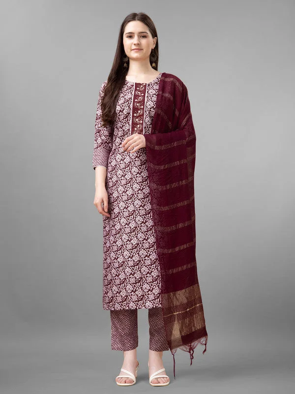 NOZ2TOZ Women Embroidered Rayon Kurta Pant Dupatta Set - Maroon Stylish Elastic Waist Pants NOZ2TOZ Women Embroidered Rayon Kurta Pant Dupatta Set - Maroon Stylish Elastic Waist Pants