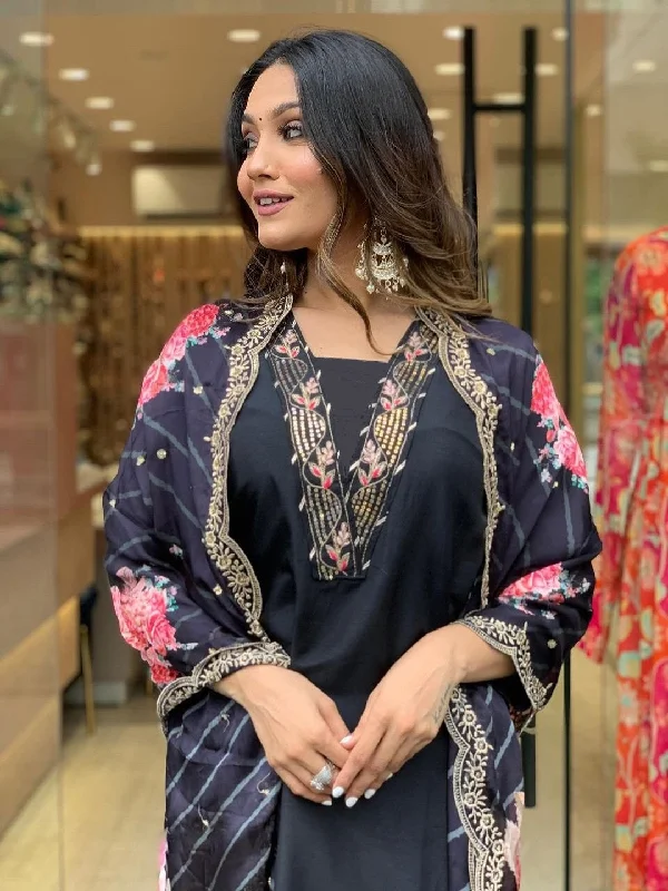 Indian Fashion Women Viscose Black A-Line Kurta And Pant Set With Dupatta Fashionable Work Pants Indian Fashion Women Viscose Black A-Line Kurta And Pant Set With Dupatta Fashionable Work Pants