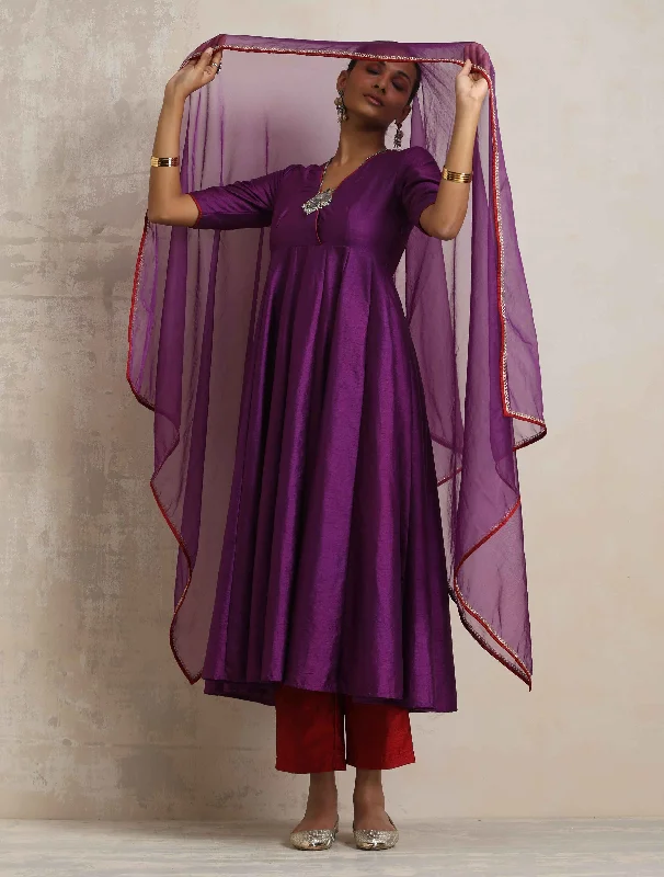 trueBrowns Purple Silk Anarkali Kurta Pant Dupatta Set Relaxed Fit Trousers
