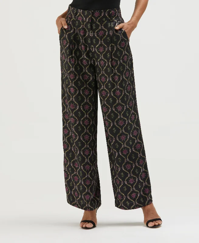 Trellis Print High Rise Wide Leg Pant Fashionable Button-Up Pants