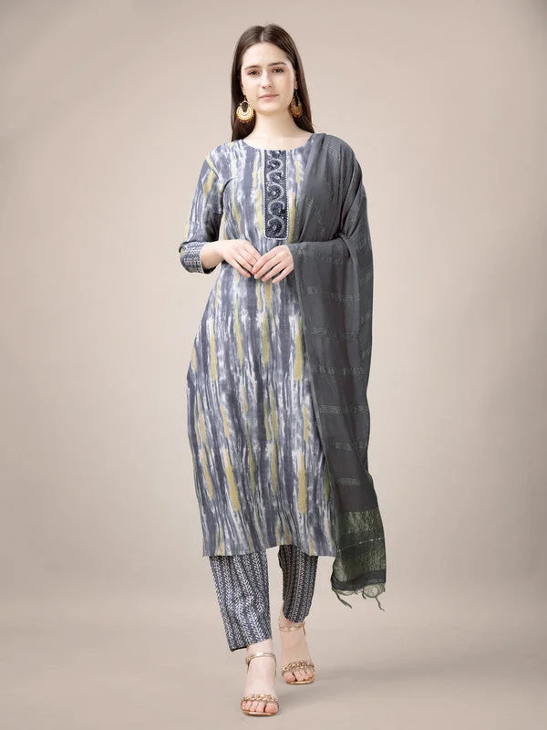 NOZ2TOZ Womens Embroidered & Printed Grey Rayon Kurta Pant Set Fashionable Tapered Leg Pants NOZ2TOZ Womens Embroidered & Printed Grey Rayon Kurta Pant Set Fashionable Tapered Leg Pants