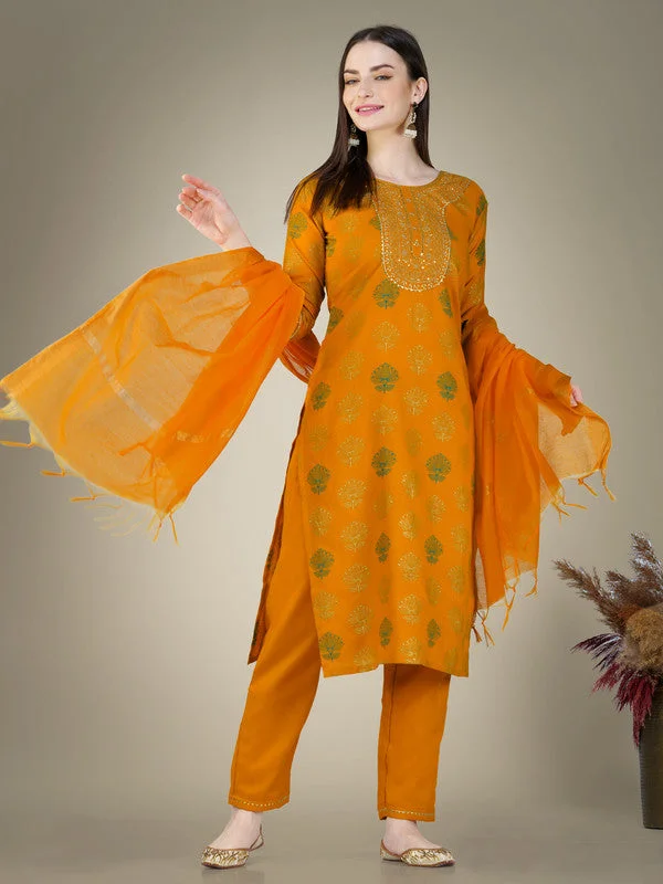 NOZ2TOZ Women Embroidered Cotton Blend Kurta Pant Dupatta Set - Yellow Soft Stretch Pants NOZ2TOZ Women Embroidered Cotton Blend Kurta Pant Dupatta Set - Yellow Soft Stretch Pants