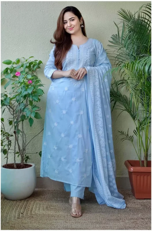 NOZ2TOZ Women's Viscose Floral Embroidered Straight Kurta Pant With Dupatta - Sky Blue Classic Cropped Pants NOZ2TOZ Women's Viscose Floral Embroidered Straight Kurta Pant With Dupatta - Sky Blue Classic Cropped Pants