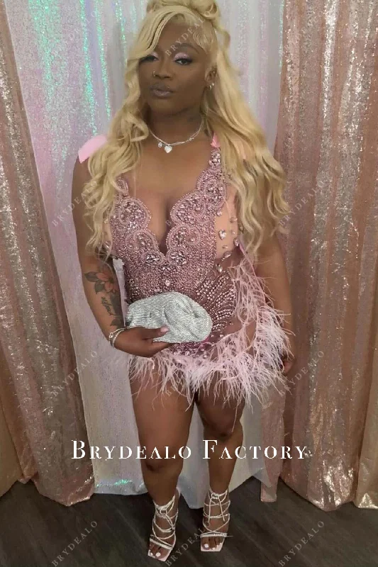 Pink Rhinestones Plunging Neck Feathered Mini Dress Trendy Wraparound Mini Dress