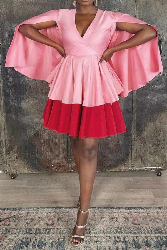 Color Block Stunning Cape Sleeve Mini Dress Classic Striped Mini Dress
