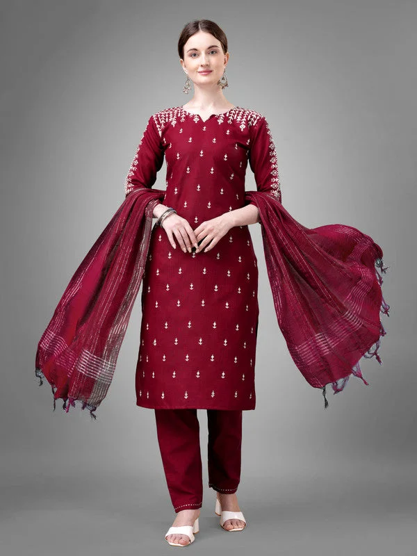 NOZ2TOZ Women Embroidered Cotton Blend Kurta Pant Dupatta Set - Maroon Classic Cropped Pants NOZ2TOZ Women Embroidered Cotton Blend Kurta Pant Dupatta Set - Maroon Classic Cropped Pants