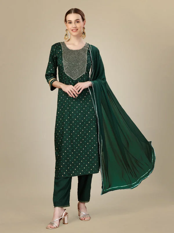 NOZ2TOZ Women Embroidered Silk Blend Kurta Pant Dupatta Set - Dark Green Comfortable Wide-Leg Pants NOZ2TOZ Women Embroidered Silk Blend Kurta Pant Dupatta Set - Dark Green Comfortable Wide-Leg Pants
