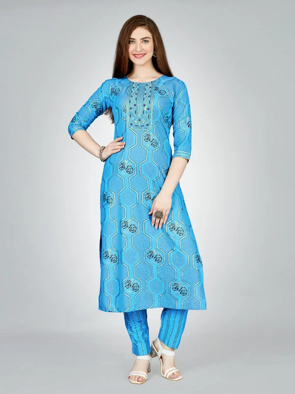 NOZ2TOZ Women Embroidered Rayon Kurta Pant Set - Light Blue Fashionable Button-Up Pants NOZ2TOZ Women Embroidered Rayon Kurta Pant Set - Light Blue Fashionable Button-Up Pants