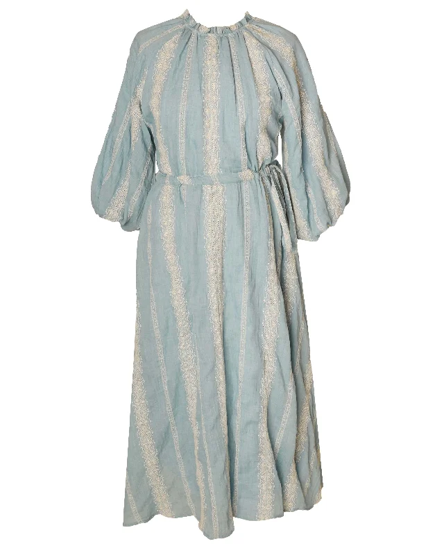 HDR115-CONTRAST EYELET PUFFY SLEEVE DRESS-Light Blue Tunics Vintage classic