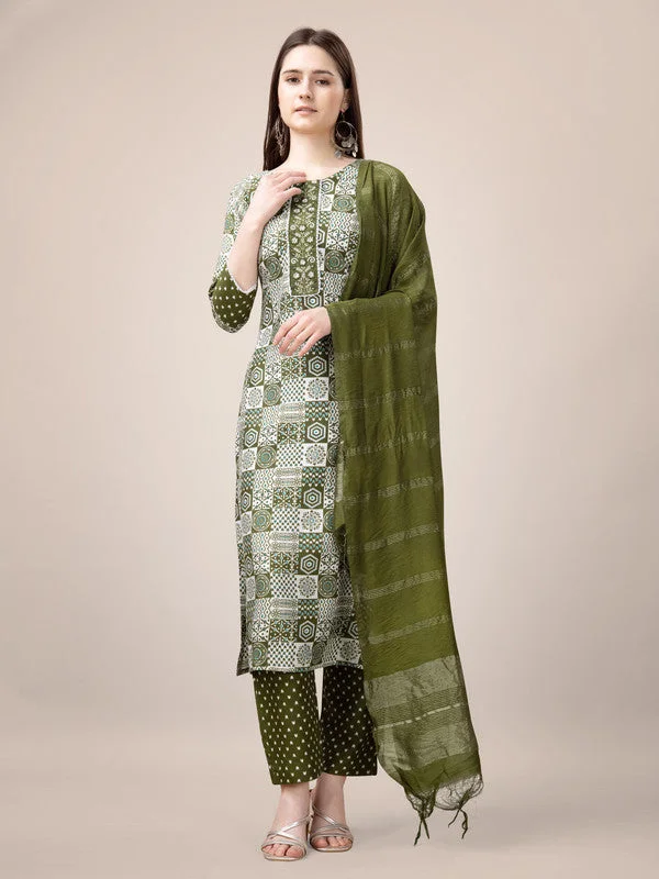 NOZ2TOZ Womens Embroidered & Printed Mehendi Rayon Kurta Pant Set High-Waist Trousers NOZ2TOZ Womens Embroidered & Printed Mehendi Rayon Kurta Pant Set High-Waist Trousers
