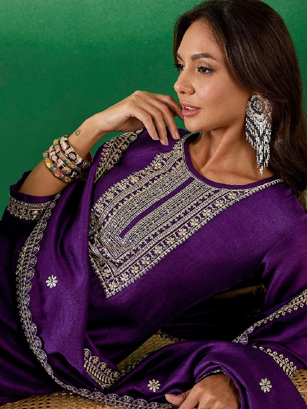Indian Fashion Women Purple Embroidery silk Kurta And Pant Set With Dupatta Comfy Zip-Up Pants