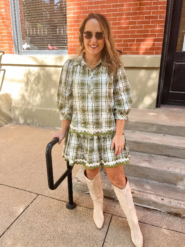 Plaid Print Collared Mini Dress- Olive Fashionable Pleated Mini Dress