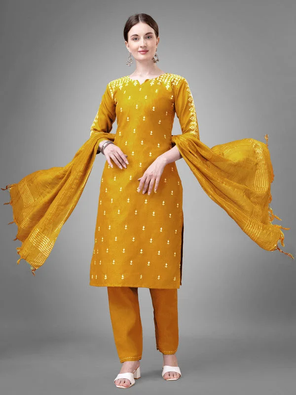 NOZ2TOZ Women Embroidered Cotton Blend Kurta Pant Dupatta Set - Yellow Cozy Full-Length Pants NOZ2TOZ Women Embroidered Cotton Blend Kurta Pant Dupatta Set - Yellow Cozy Full-Length Pants