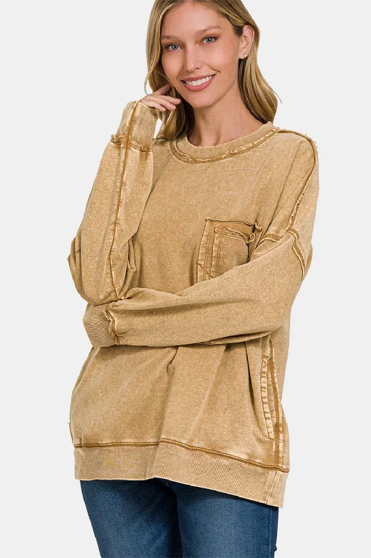 Exposed Seam Round Neck Dropped Shoulder Sweatshirt Hoodie with Hem Patch Decorative Personalized Exposed Seam Round Neck Dropped Shoulder Sweatshirt Hoodie with Hem Patch Decorative Personalized