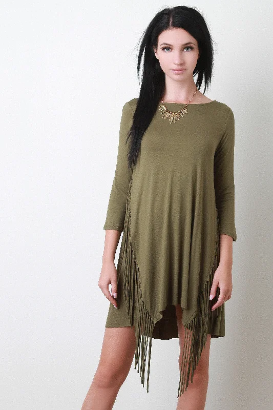 Slanted Side Fringe Mini Dress Cozy Satin Mini Dress