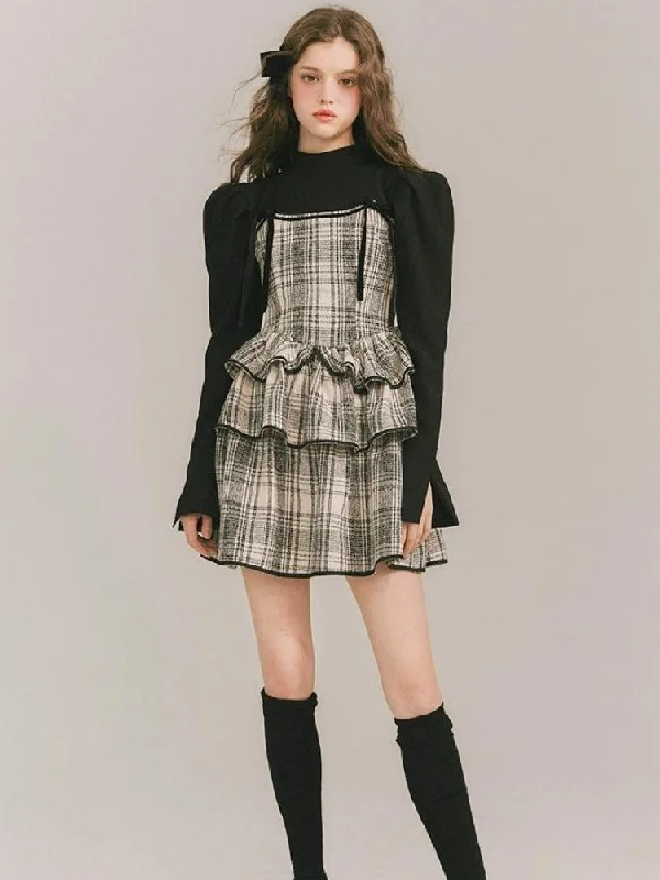 Plaid Cake Skirt Fake Two Piece Dress【s0000003231】 Tunics Spring floral