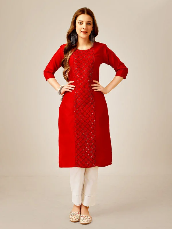 NOZ2TOZ Women Embroidered Cotton Blend Kurta Pant Set - Red Trendy Printed Leggings