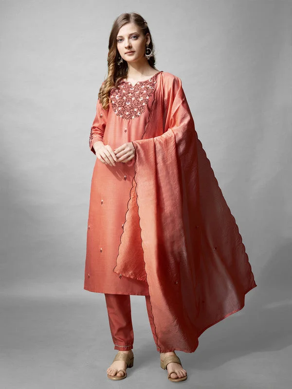 NOZ2TOZ Womens Coral Embroidered Cotton Blend Kurta Pant Set With Dupatta Relaxed Casual Leggings NOZ2TOZ Womens Coral Embroidered Cotton Blend Kurta Pant Set With Dupatta Relaxed Casual Leggings