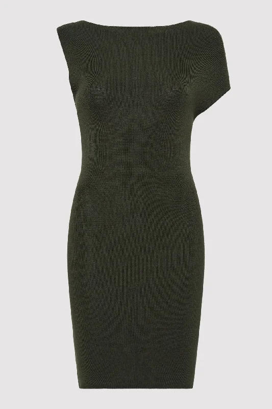 Asymmetric Knit Mini Dress - Basil Cozy Ruched Mini Dress