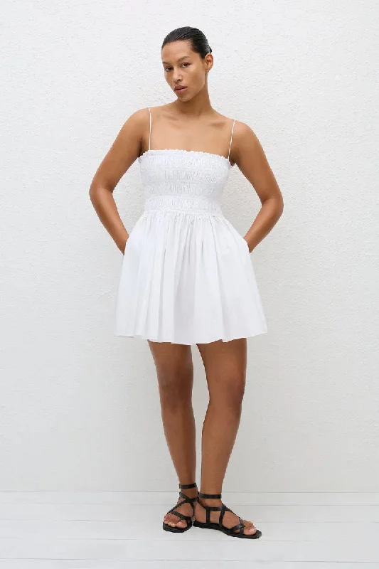 SHIRRED BODICE MINI DRESS-WHITE Modern Satin Mini Dress