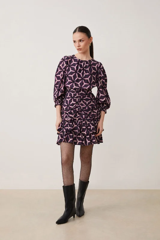 Suncoo Chama Black/Purple Kaleidoscope Print Mini Dress Cozy Cotton Mini Dress