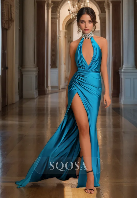 Beaded Halter Deep V-Neck Sleeveless Formal Gowns Pleated Floor-Length Mermaid Prom Dress Beaded Halter Deep V-Neck Sleeveless Formal Gowns Pleated Floor-Length Mermaid Prom Dress