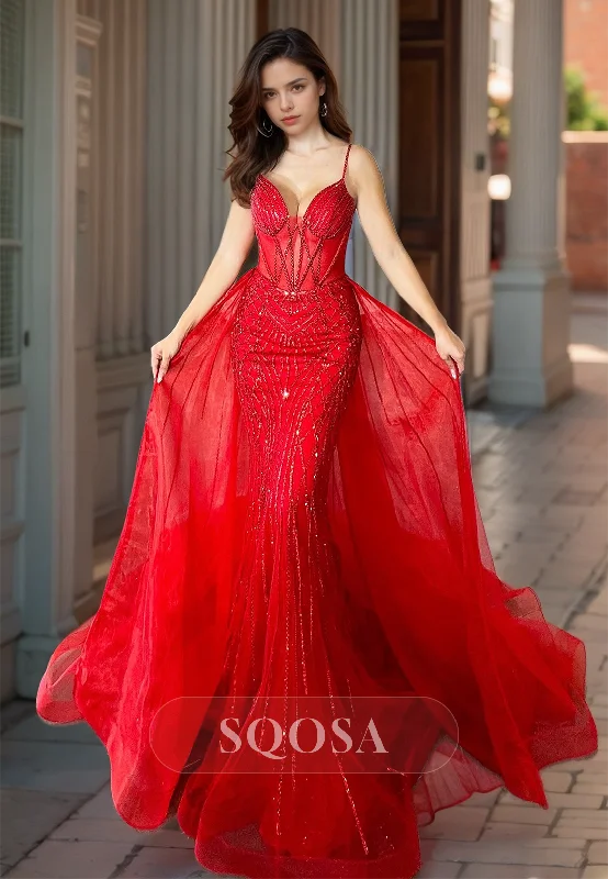Spaghetti Straps V-Neck Sleeveless Mermaid Prom Dress Sequined Pleated Tulle Formal Gowns with Overskirt Spaghetti Straps V-Neck Sleeveless Mermaid Prom Dress Sequined Pleated Tulle Formal Gowns with Overskirt