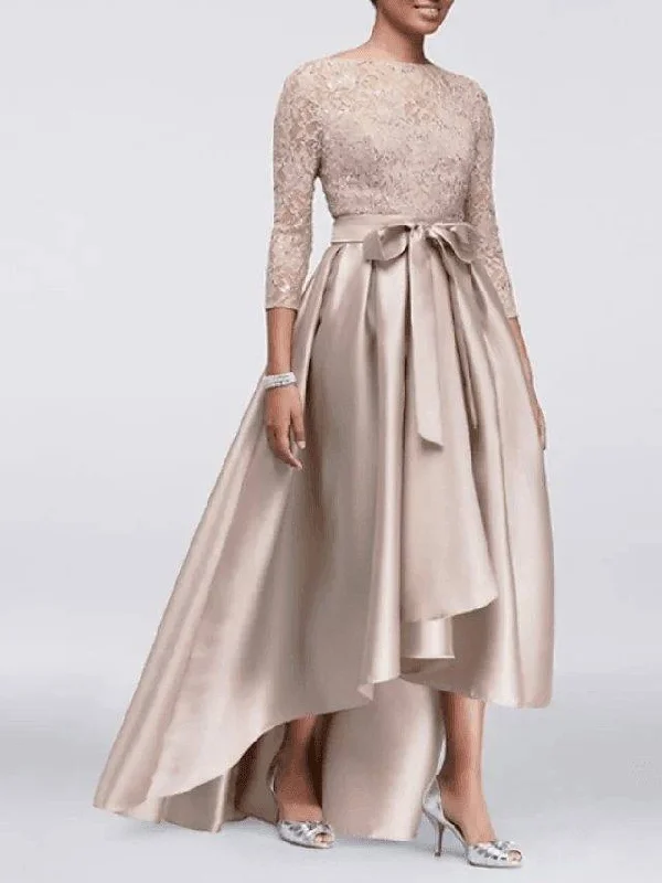 A-Line Mother of the Bride Dress Plus Size Sexy Jewel Neck Asymmetrical Lace Satin 3/4 Length Sleeve with Sash / Ribbon Appliques