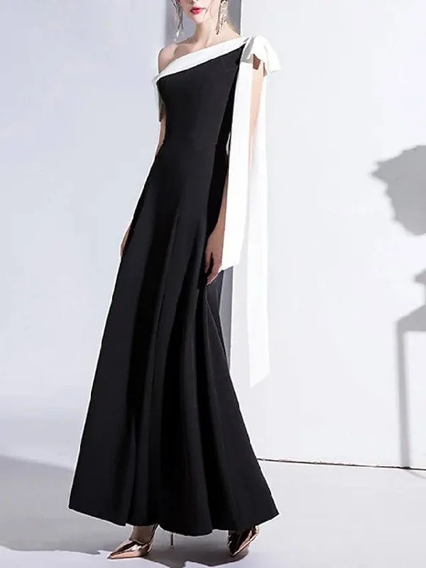 A-Line Mother of the Bride Dress Simple Elegant Off Shoulder Ankle Length Stretch Fabric Short Sleeve with Bow(s) A-Line Mother of the Bride Dress Simple Elegant Off Shoulder Ankle Length Stretch Fabric Short Sleeve with Bow(s)