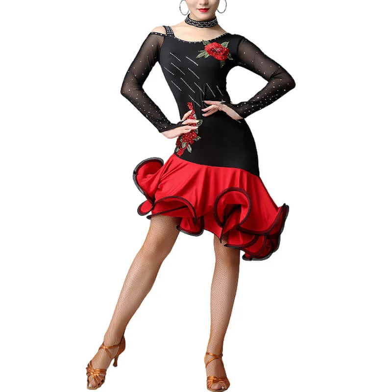 Flared Knee-Length Latin Dress with Embroidery