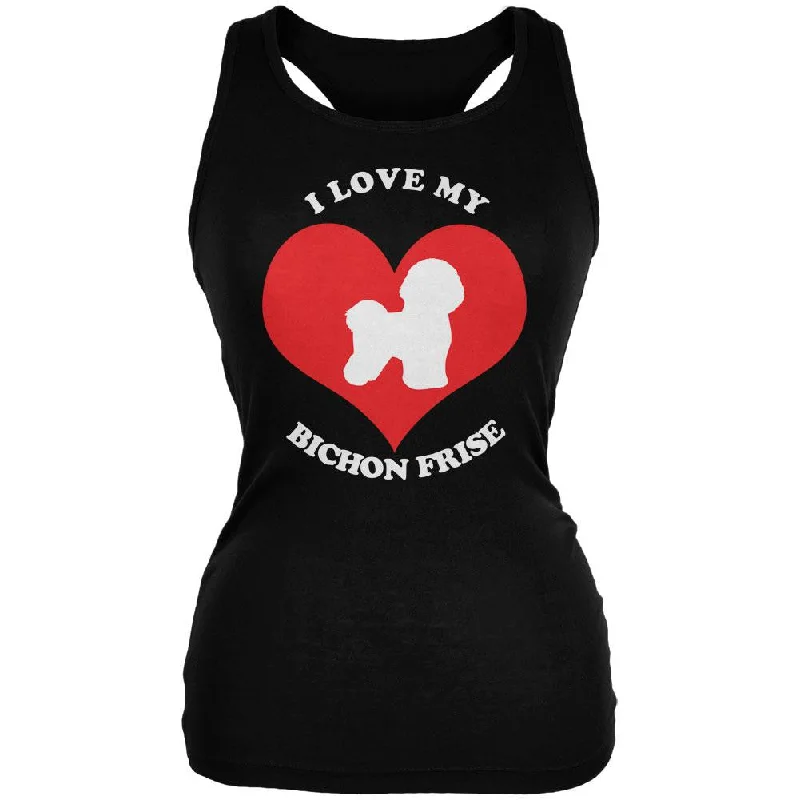 Valentines I Love My Bichon Frise Black Juniors Soft Tank Top playful tank top
