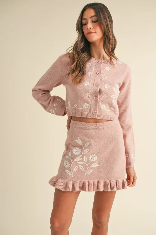 MABLE Floral Embroidered Crop Cardigan and Ruffled Mini Skirt Set Slim Fit Regular Fit Oversized MABLE Floral Embroidered Crop Cardigan and Ruffled Mini Skirt Set Slim Fit Regular Fit Oversized