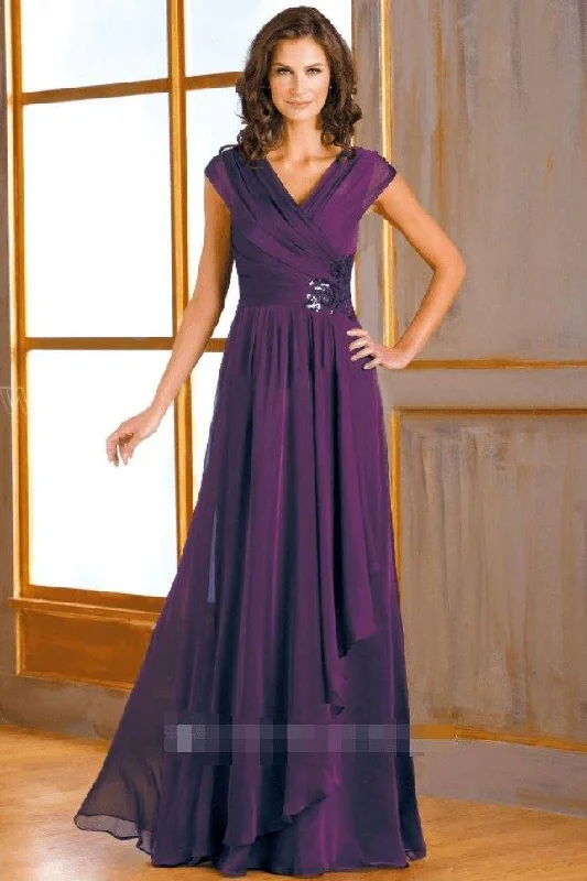 Cap-Sleeved V-Neck A-Line Mother Of The Bride Dress With Side Sequins And Ruffles