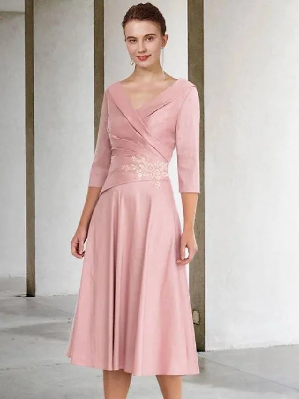 A-Line Mother of the Bride Dress Elegant Vintage V Neck Tea Length Lace Satin Half Sleeve with Appliques Side-Draped A-Line Mother of the Bride Dress Elegant Vintage V Neck Tea Length Lace Satin Half Sleeve with Appliques Side-Draped