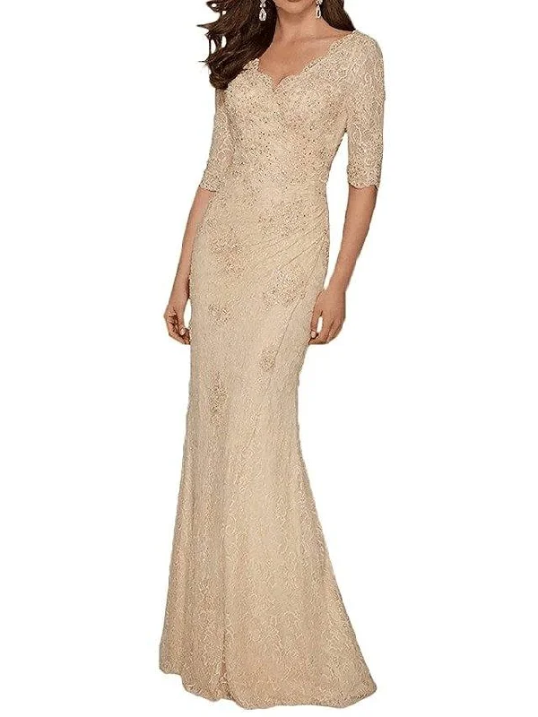 Mermaid / Trumpet Mother of the Bride Dress Plus Size Sexy V Neck Sweep / Brush Train Chiffon Lace Half Sleeve with Lace Appliques Mermaid / Trumpet Mother of the Bride Dress Plus Size Sexy V Neck Sweep / Brush Train Chiffon Lace Half Sleeve with Lace Appliques