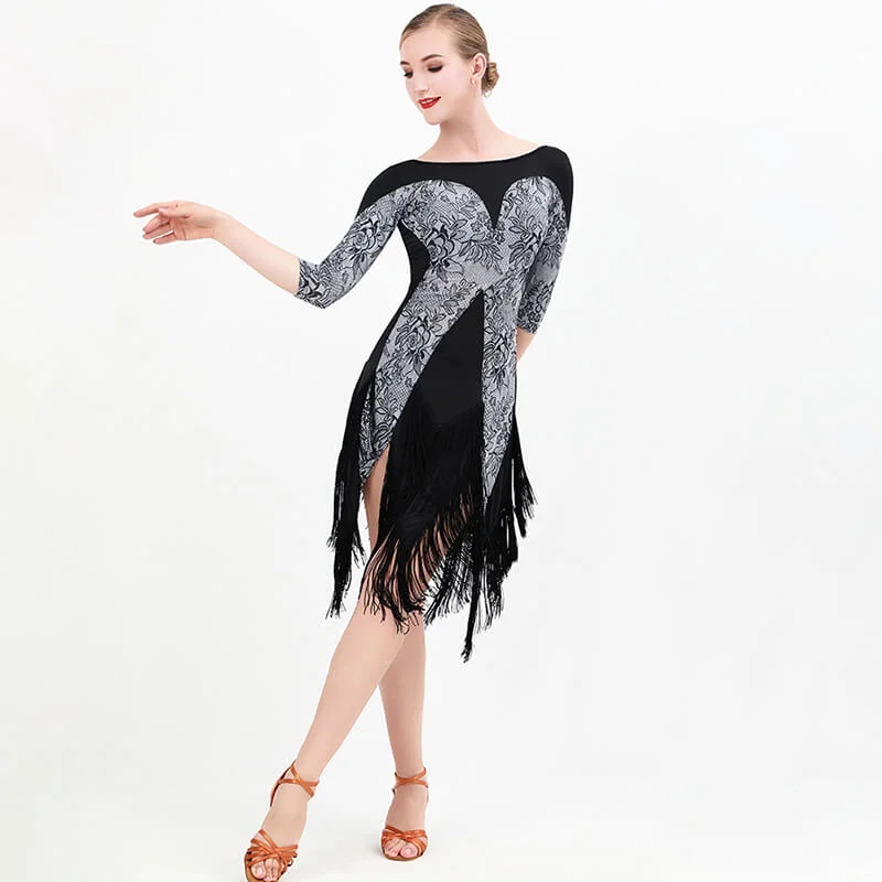 Crew Neck Patchwork Latin Dress with Tassels